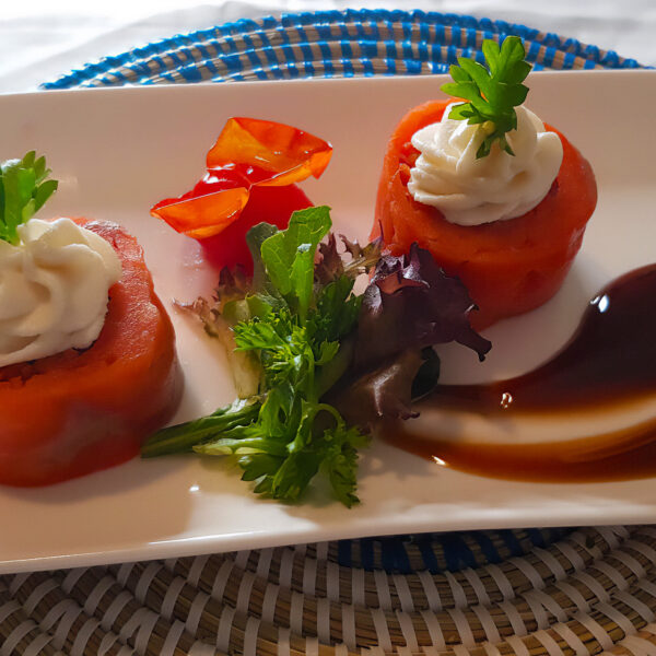 Rolled Salmon with Zesty Vegetables, Passion Fruit Whipped Cream, and a Salad Bouquet