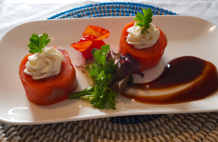 Rolled Salmon with Zesty Vegetables, Passion Fruit Whipped Cream, and a Salad Bouquet