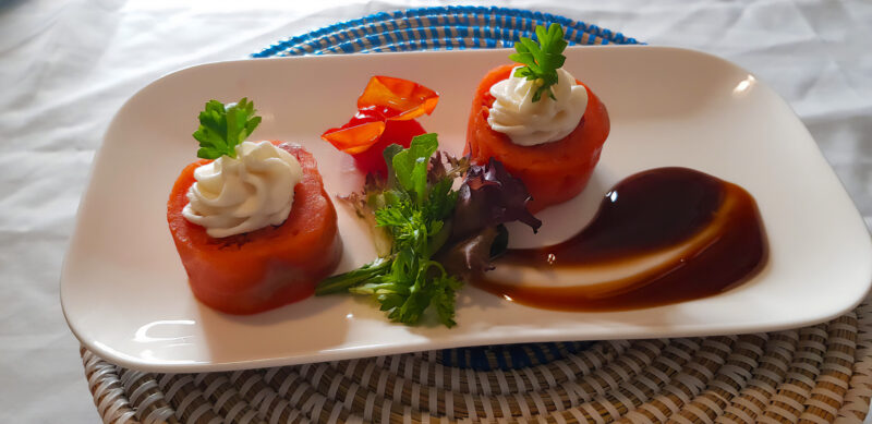 Rolled Salmon with Zesty Vegetables, Passion Fruit Whipped Cream, and a Salad Bouquet